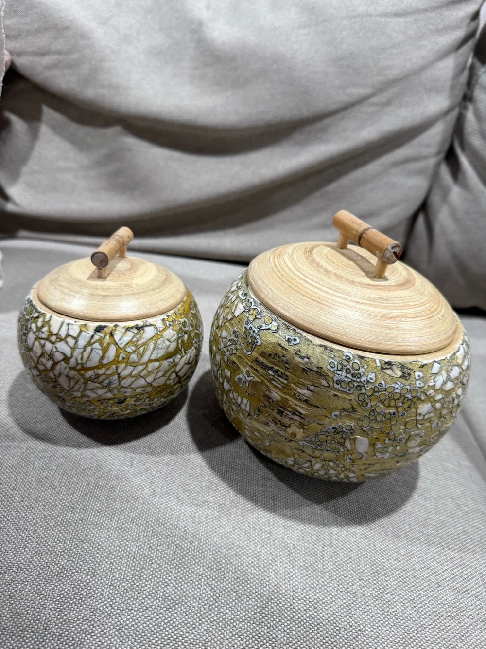 Pier 1 Bamboo decorative eggshell inlay Crackle Jars with Wooden Lids